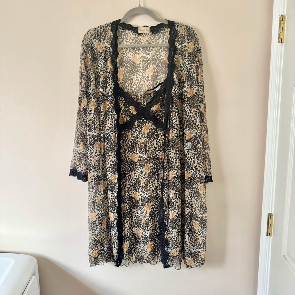 Y2K Leopard Slip + Robe Set Black Brown Lace Animal Print XL